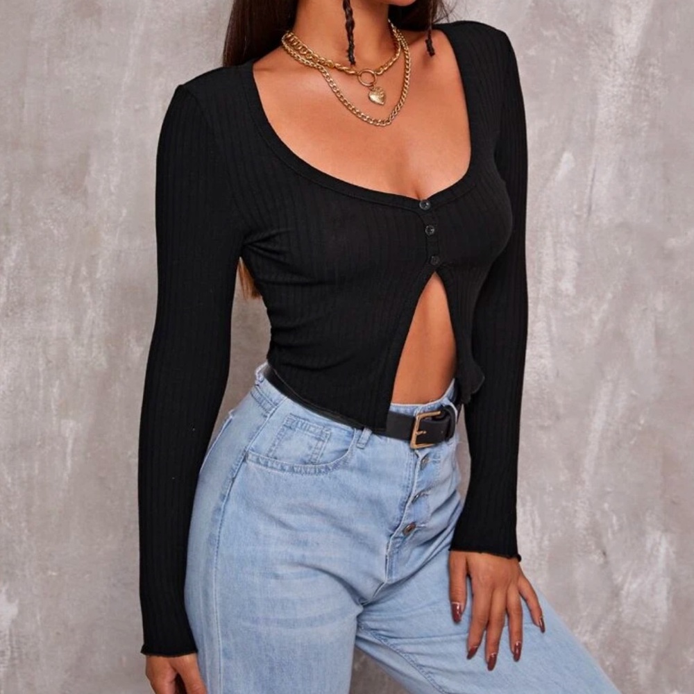 Ribbed Partial Button-Front Top - Picture 4 of 5